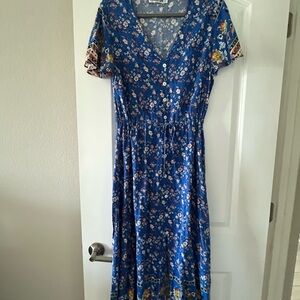 💐Boho Floral V-Neck Blue Maxi~ Dress with Drawstring Waist🦋